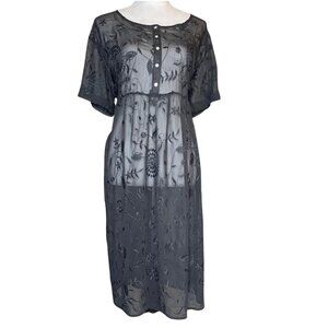Brass & Roe Black Sheer Floral Embroidered Dress/Coverup Midi Dress Romantic XL